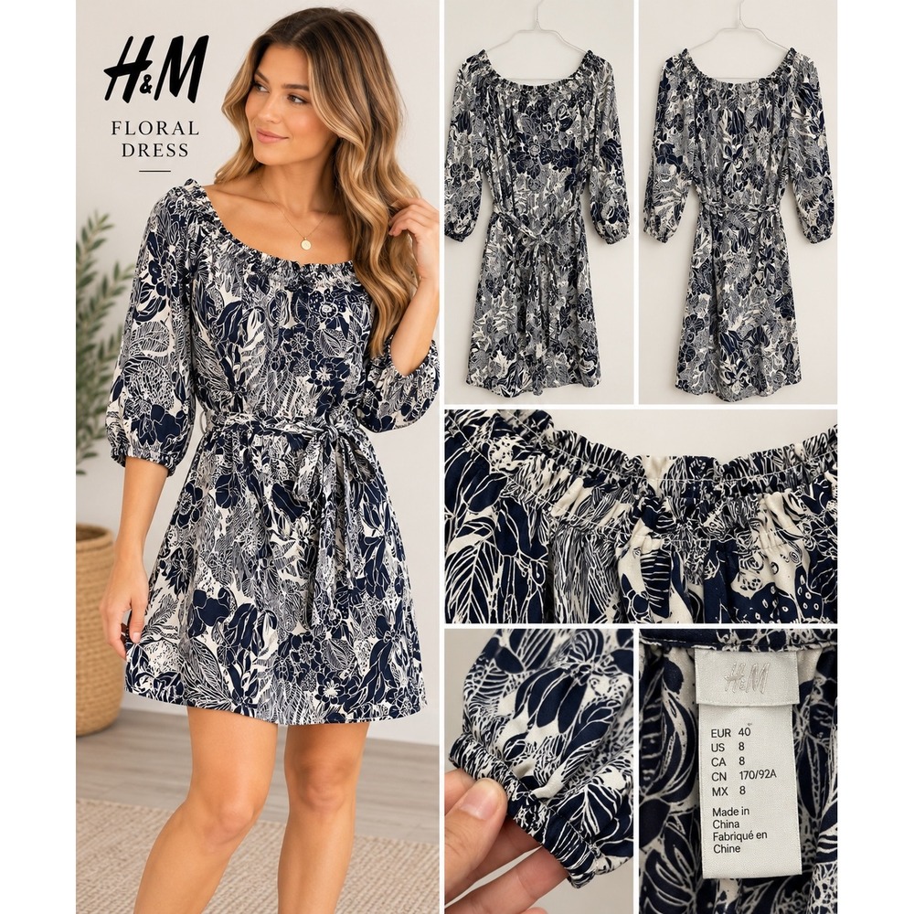 HM Navy White Floral Off Shoulder Puff Sleeve Mini Dress Size 8 Tie Waist Boho